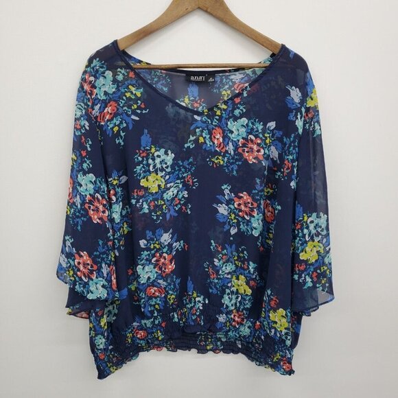 A.n.a Womens Floral Print Sheer Blouse Top Plus Size 2X Blue 3/4 Sleeve‎ V-Neck - Picture 3 of 14